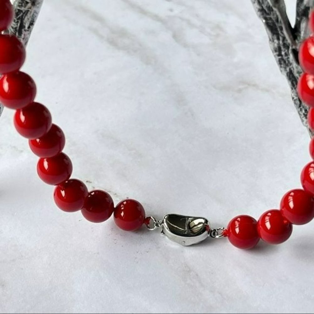 8mm Red Round Sea Shell Pearl Beaded Necklace 18in - Picture 10 of 13